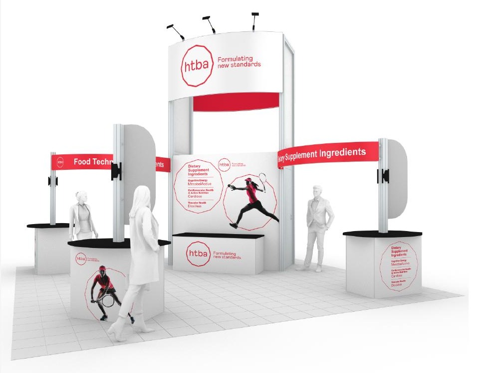 3D rendering of a custom island trade show booth with overhead signage, branded banners, product counters, and demo stations